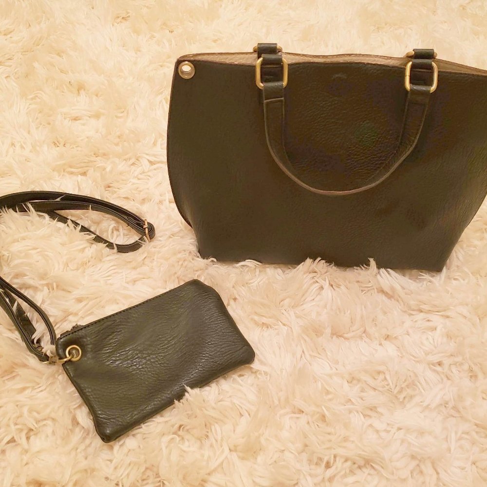 Tote with removable cross body strap and matching coin/make-up pouch.